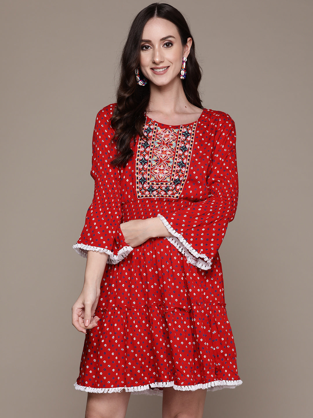 Women's Red Floral Embroidered Lace Flared Dress - Anubhutee