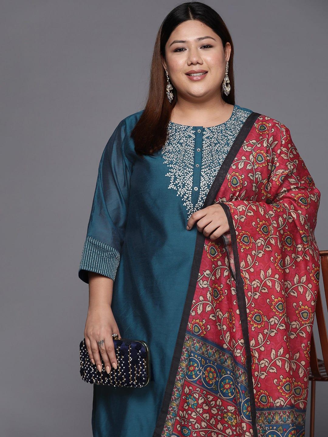 Varanga Women Plus Size Teal Blue Yoke Design Chanderi Silk Kurta with Trousers & Dupatta - Indiakreations