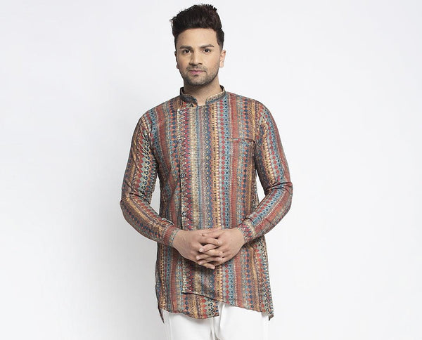 Men's Rust & Multicolor Asymmetric Printed Short Kurta - Benstoke - Indiakreations