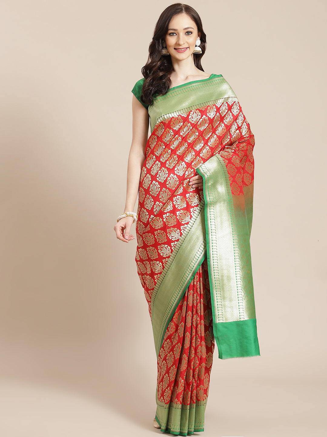 Women's Red Semi Silk Zari Woven Saree - Varanasi - Indiakreations