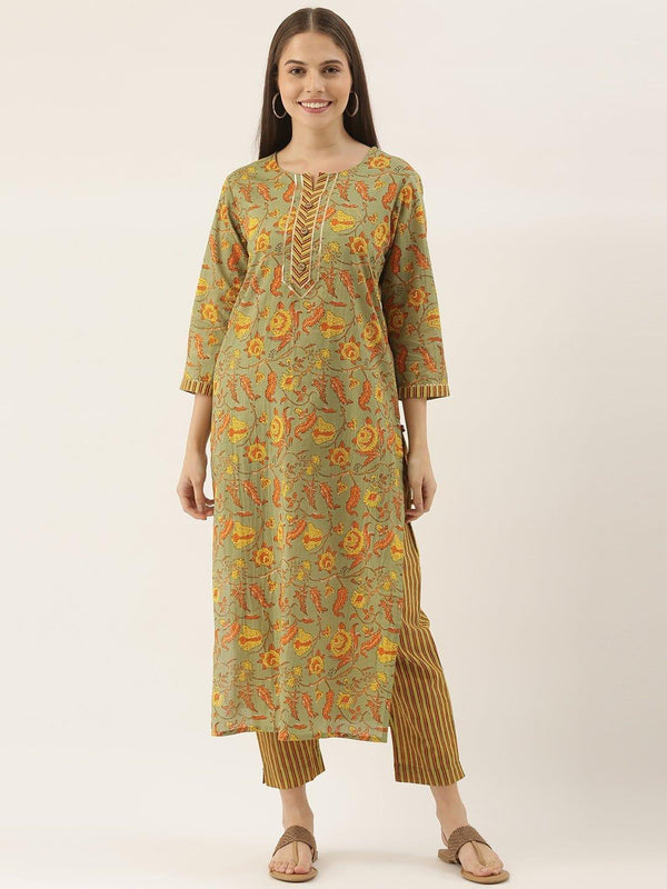 KSUT KSUT Olive And Yellow Floral Printed Kurta Trouser Set. - Indiakreations