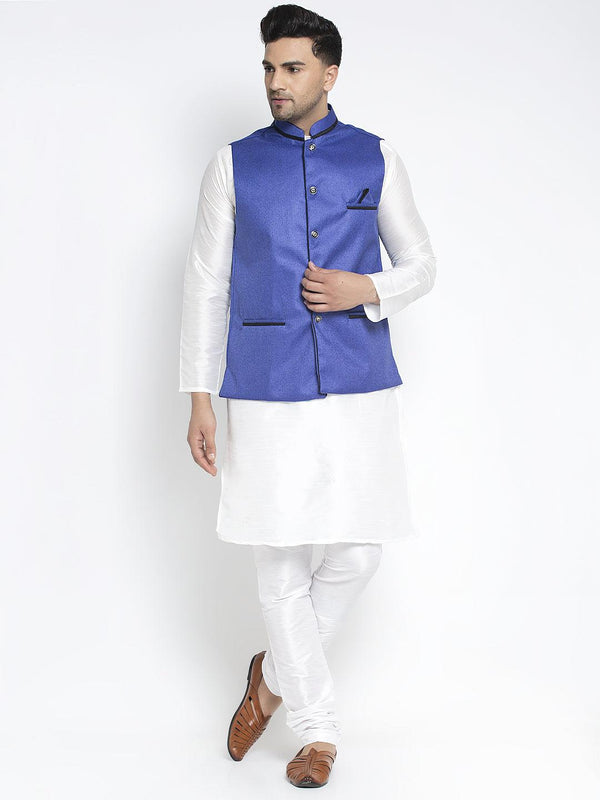 Men's Silk Blend White Kurta With Pyjama & Royal Blue Nehru Jacket - Benstoke - Indiakreations