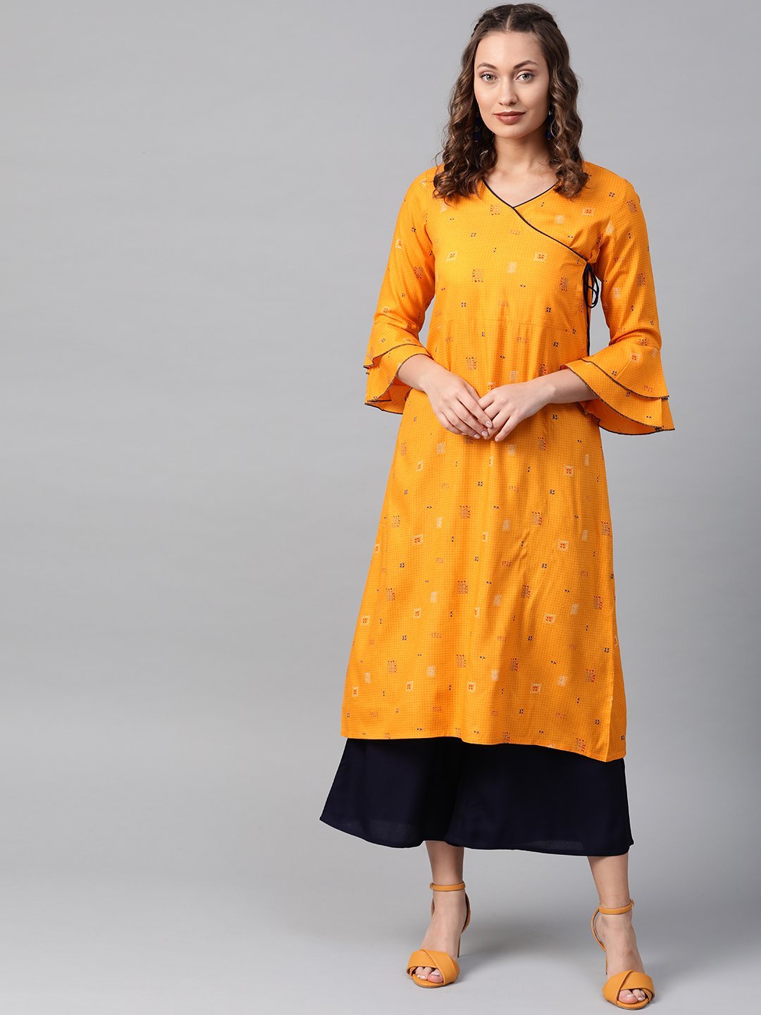 Women's Orange & Black Printed Angrakha A-Line Kurta - Anubhutee