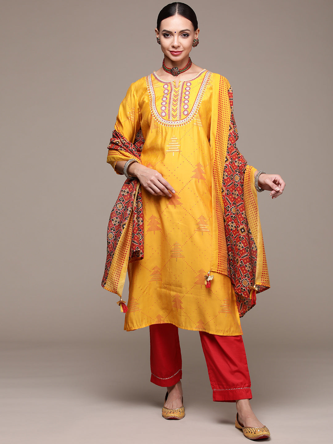 Women's Mustard Embroidered Ethnic Motifs Kurta Set With Trousers And Dupatta - Anubhutee