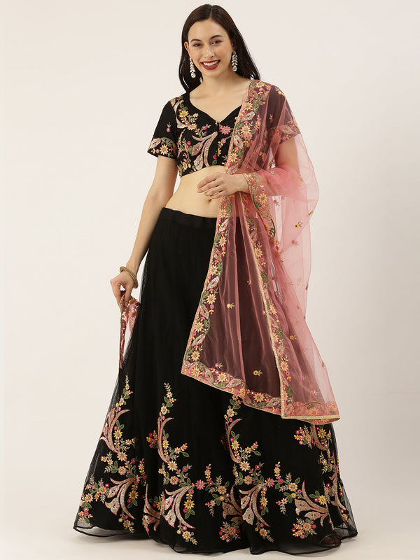 Women's Black Embroidered Net Fully Stitched Lehenga & Blouse With Dupatta - Panchhi