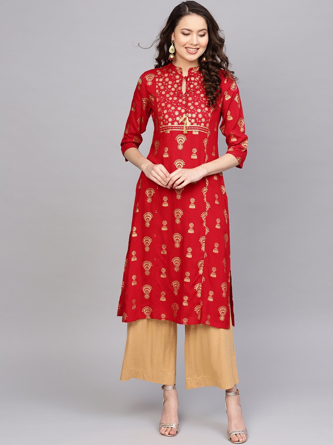 Women's Red & Golden Foil Print Straight Kurta - Anubhutee