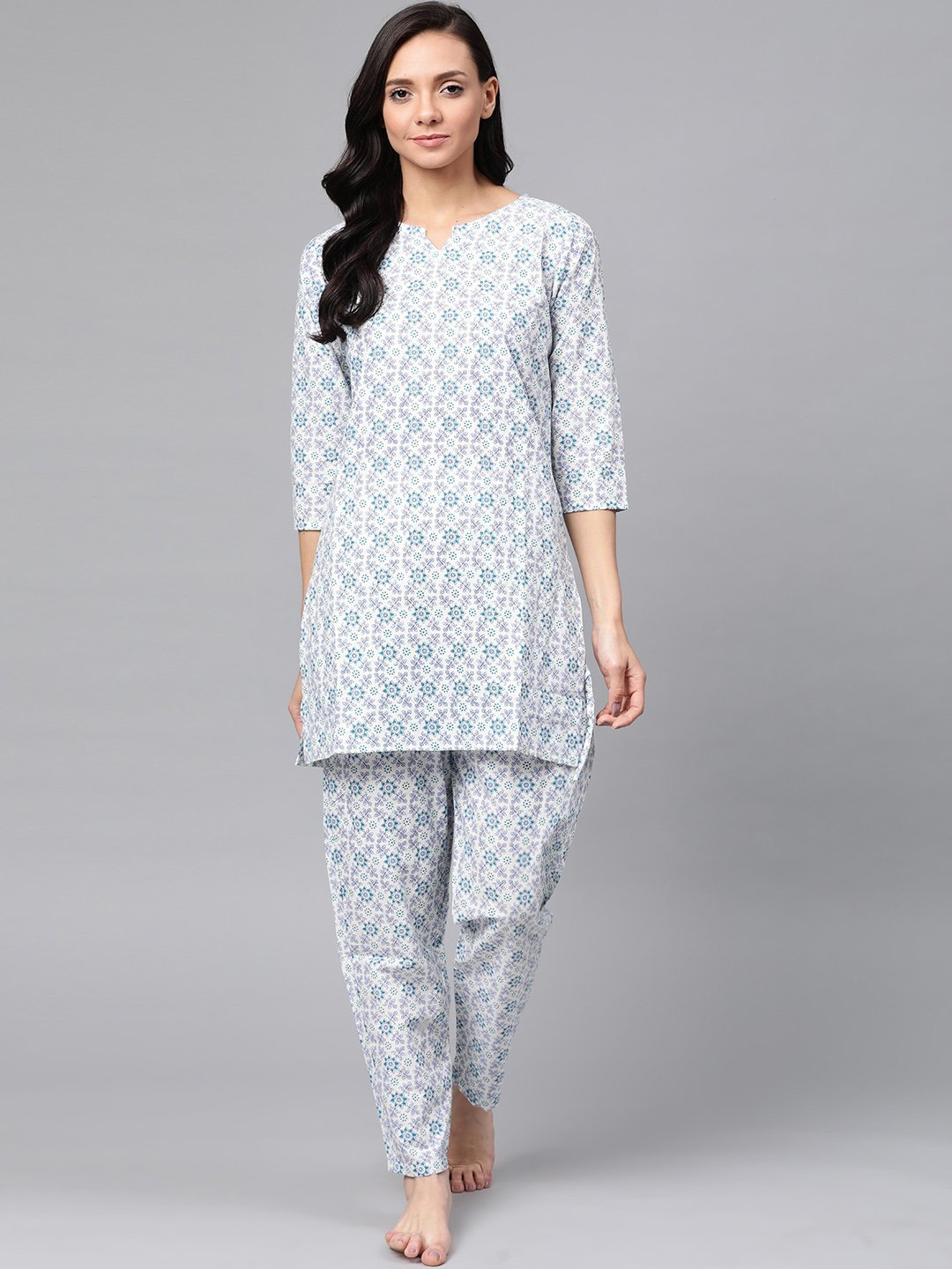 Women's White & Blue Pure Cotton Printed Night suit - Anubhutee