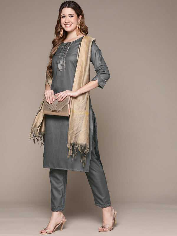 Women's Dark Grey Gotta Patti Dori Tassel Kurta set with Trousers and Dupatta - Anubhutee