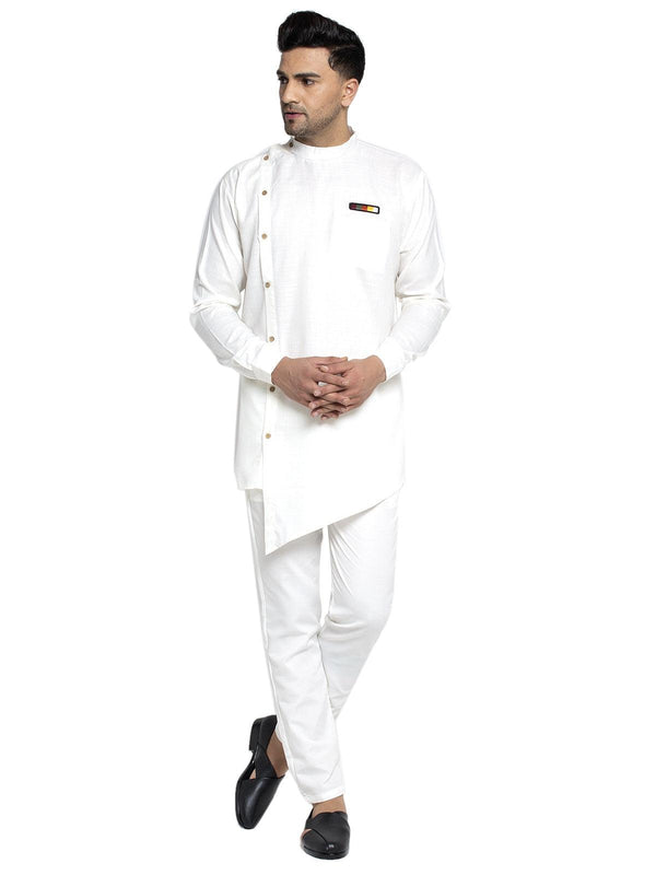 Men's Cotton White Asymmetric Solid Kurta With Trousers - Benstoke - Indiakreations