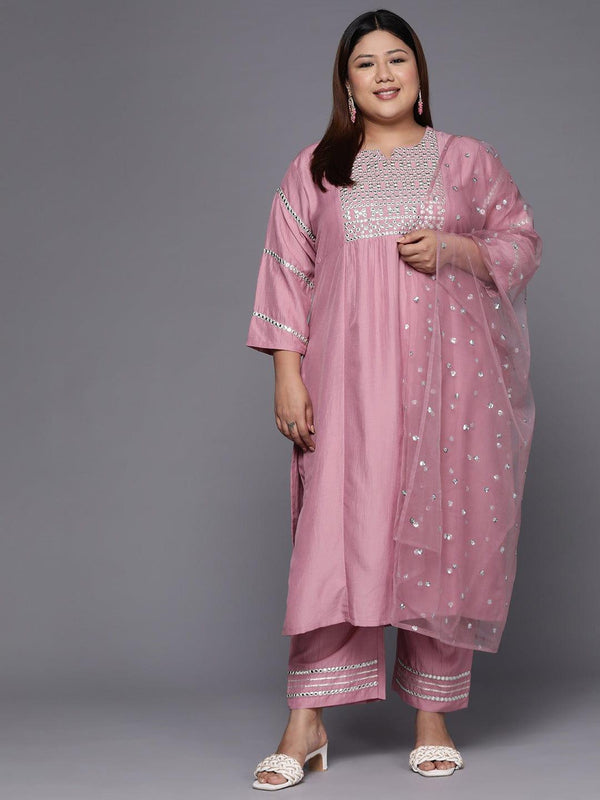 Varanga Women Plus Size Pink Ethnic Motifs Embroidered Mirror Work Kurta with Trousers & Dupatta - Indiakreations