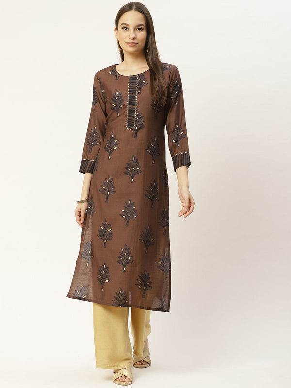 Women's Brown & Black Floral Printed Kurta (1pc) - Maaesa