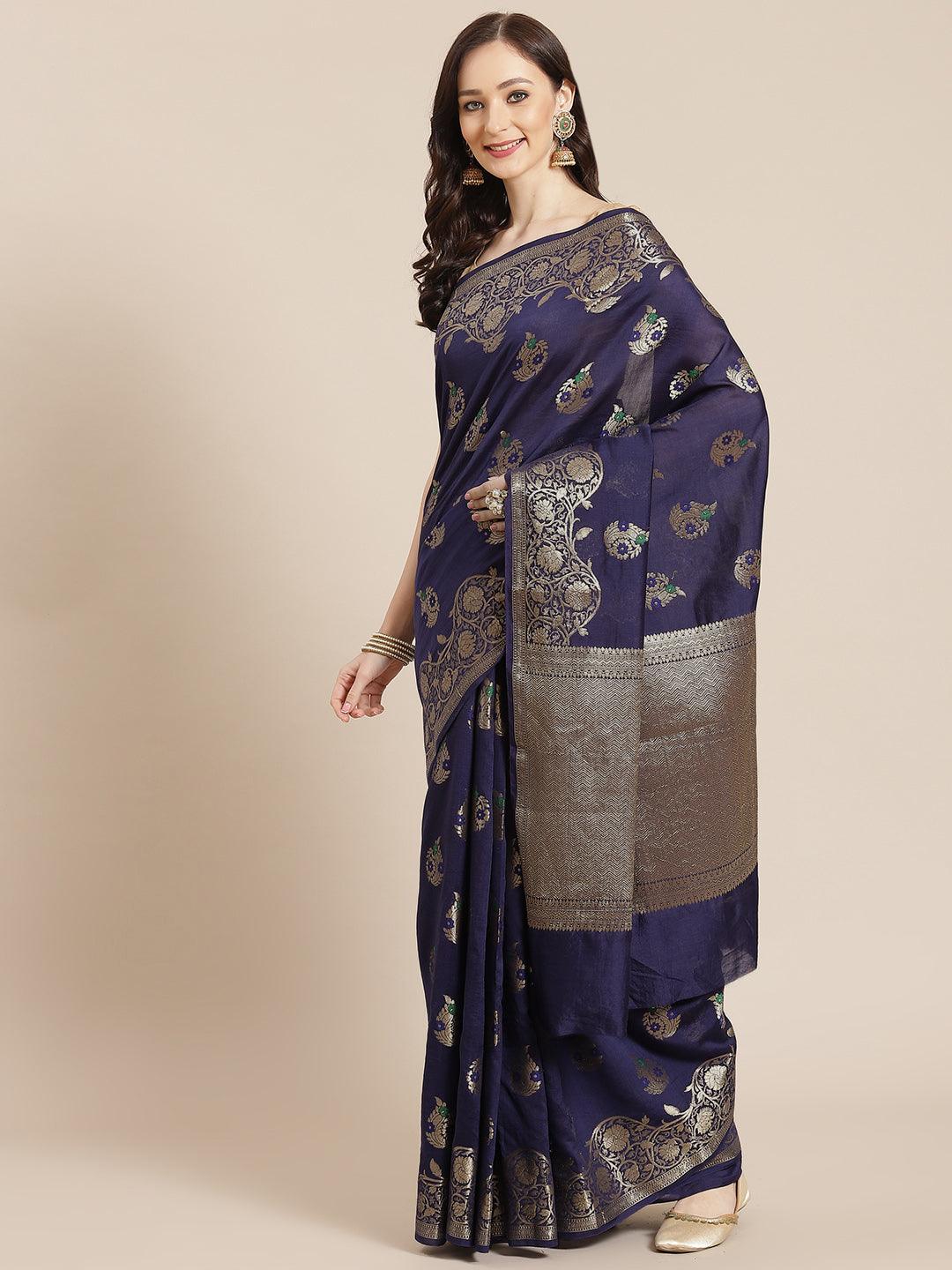 Women's Navy Blue Pure Cotton Silk Cutwork Saree - Varanasi - Indiakreations