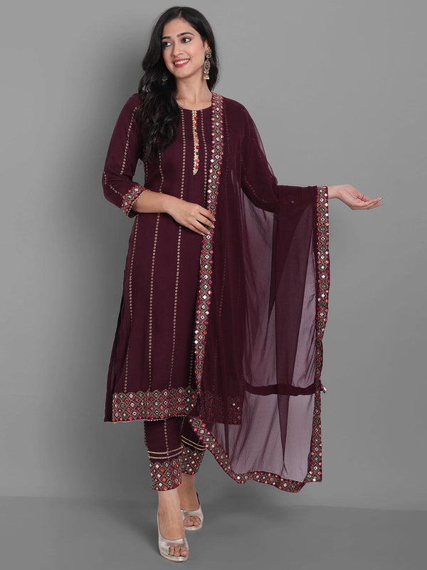 Women's Purple Rayon Kurta Pant And Dupatta Set - Noz2Toz - Indiakreations