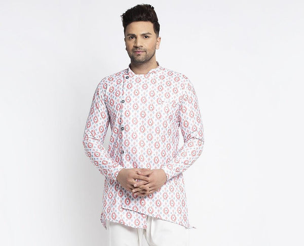 Men's White & Peach Asymmetric Printed Short Kurta - Benstoke - Indiakreations