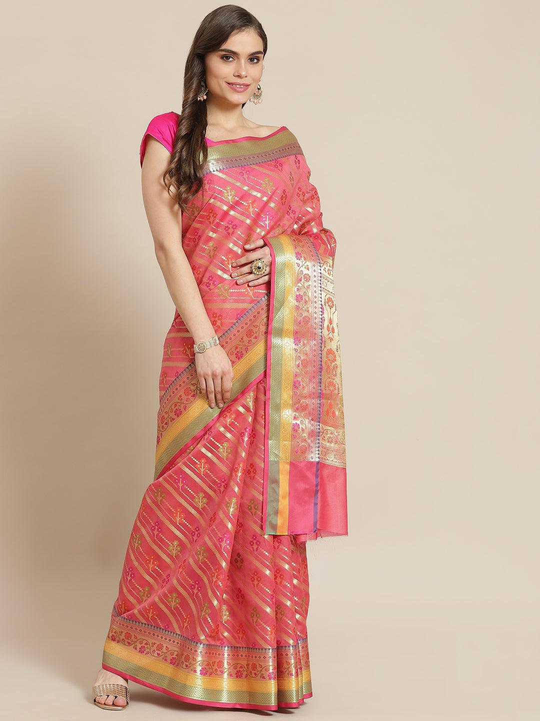 Women's Pink Silk Jaamdani Cutwork Saree - Varanasi - Indiakreations