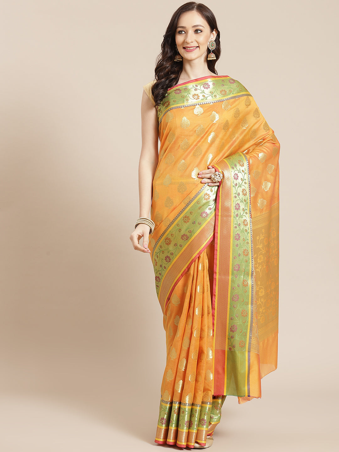 Women's Mustard Silk Jaamdani Cutwork Saree - Varanasi - Indiakreations