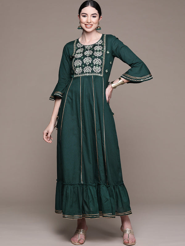 Women's Green Yoke Embroidered Ethnic Dress - Anubhutee