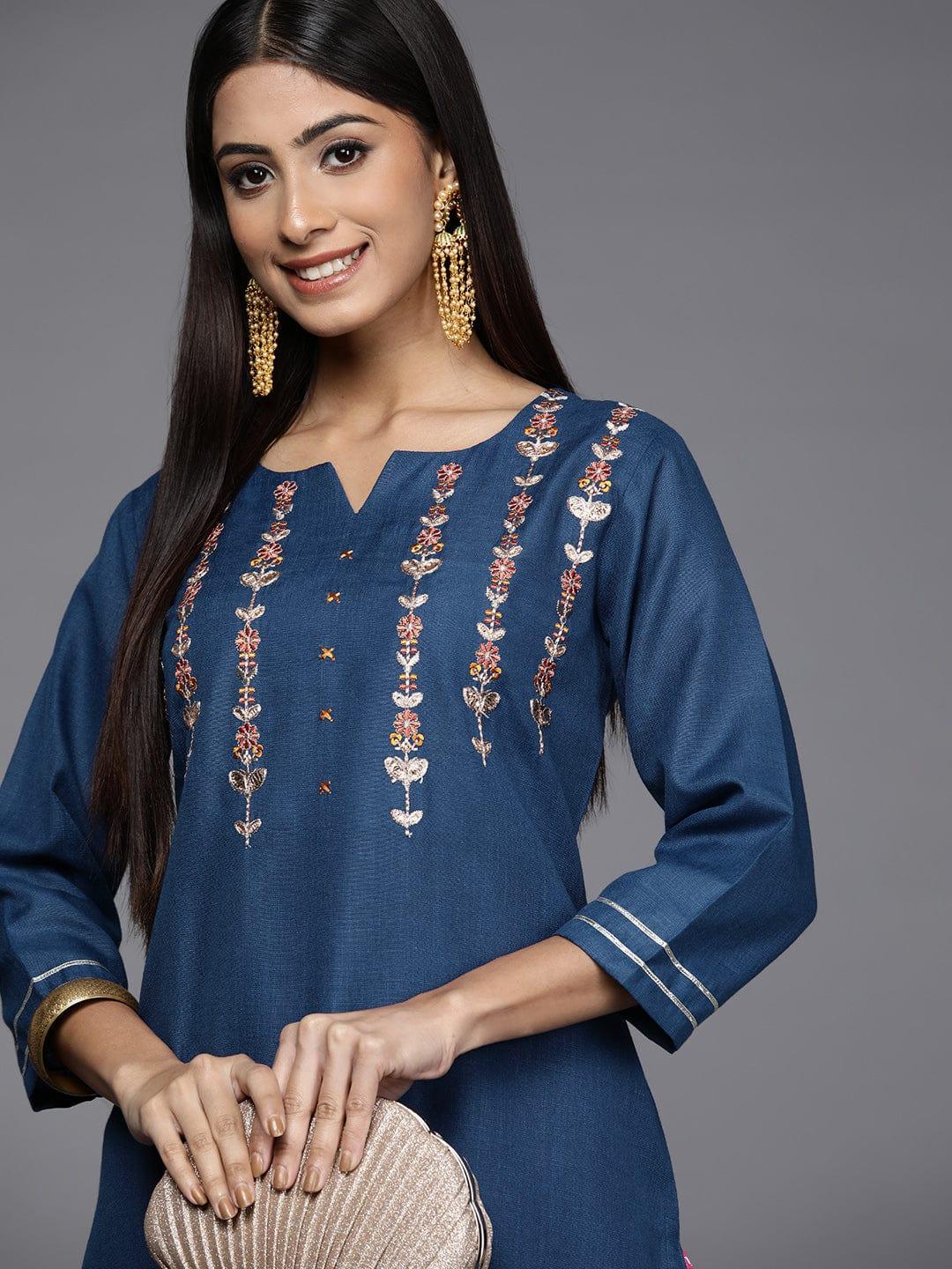 Varanga Women Blue Floral Embroidered Thread Work Indigo Kurta - Indiakreations