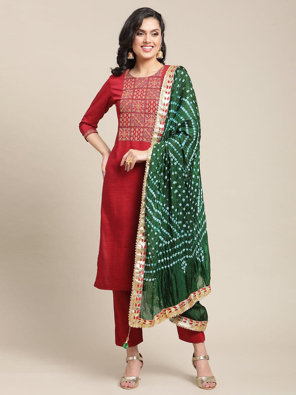 Women Maroon & Green Floral Yoke Design Thread Work Kurta & Trousers & Dupatta - Indiakreations