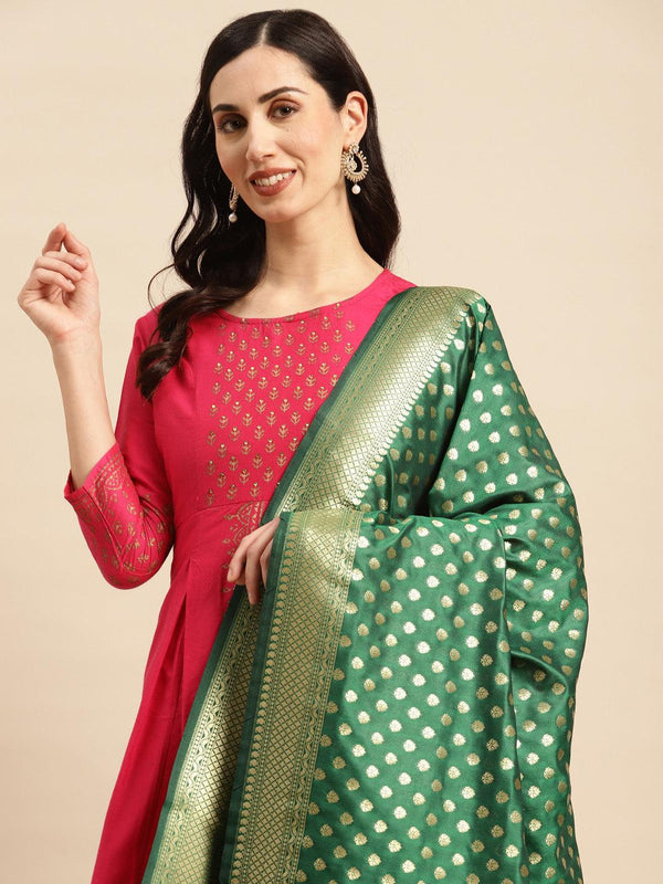 Women's Green Color Ethnic Motifs Woven Design Dupatta With Zari - Varanasi - Indiakreations