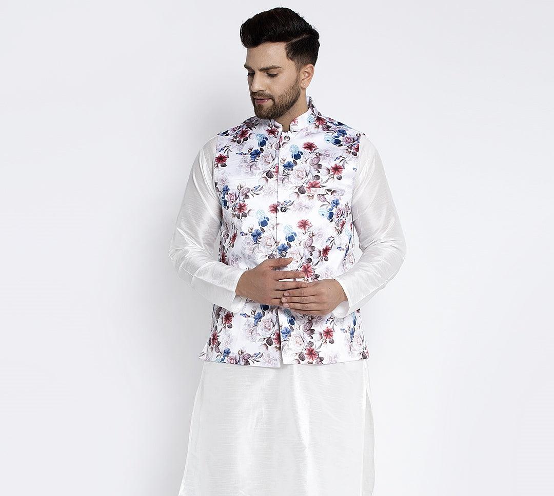 Men's White & Multi Printed Nehru Jacket - Benstoke - Indiakreations