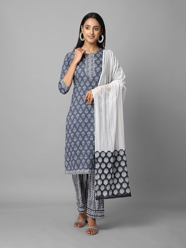 Women's Grey And Off-White Ethnic Printed Side Slit Staright Kurta Palazzo And Dupatta Set - Azira