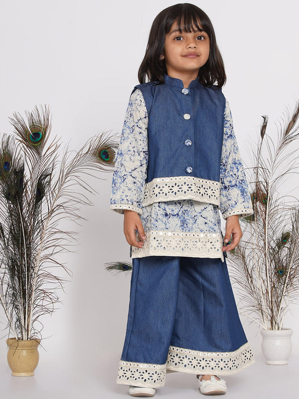 Girl's Denim Jacket with Patchwork and Marble Kurta with Patchwork Plazzo - Denim Blue - Little Bansi Girls