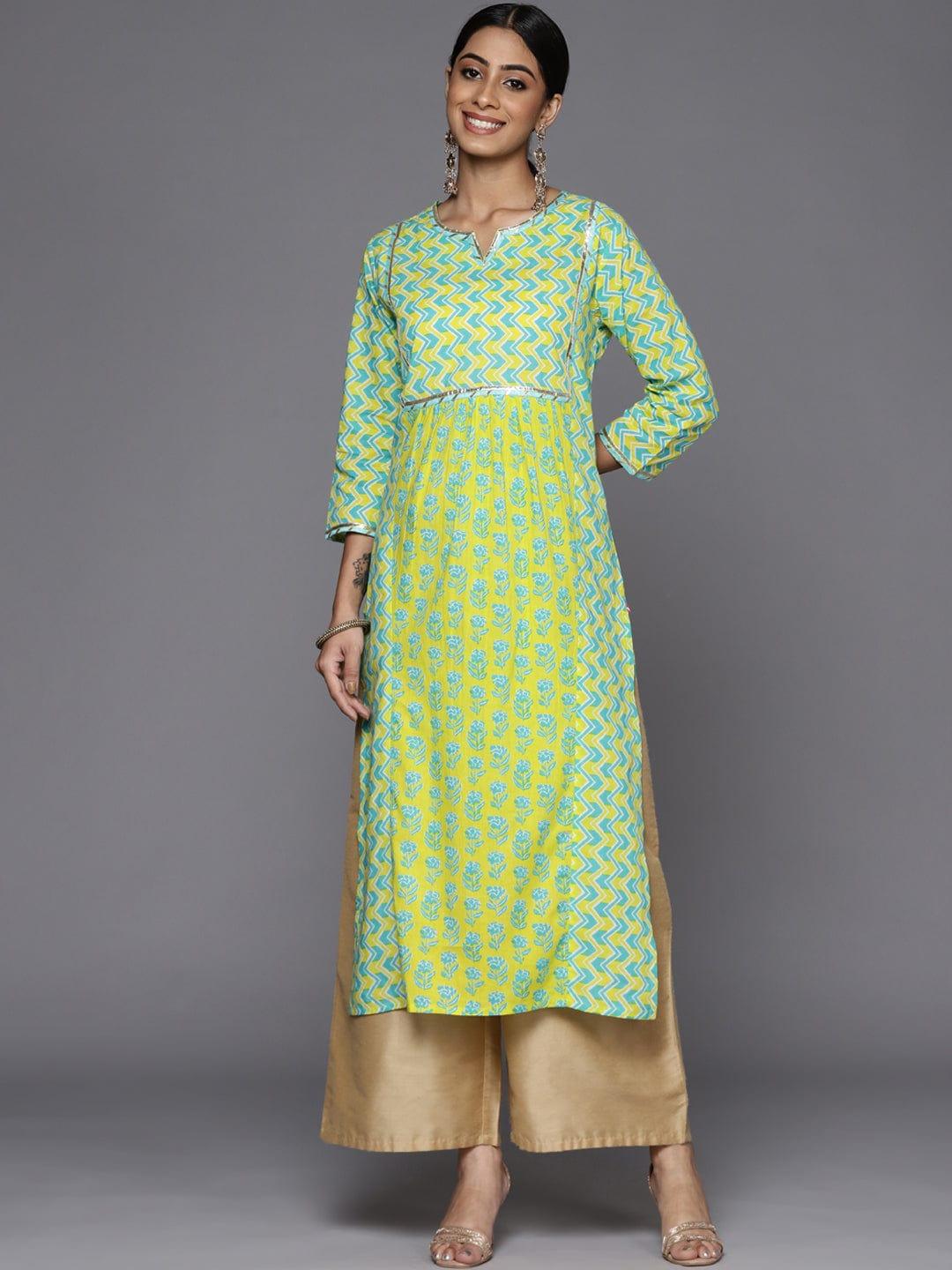 Varanga Women Green & Turquoise Blue Geometric Printed Cotton Gotta Patti Kurta - Indiakreations