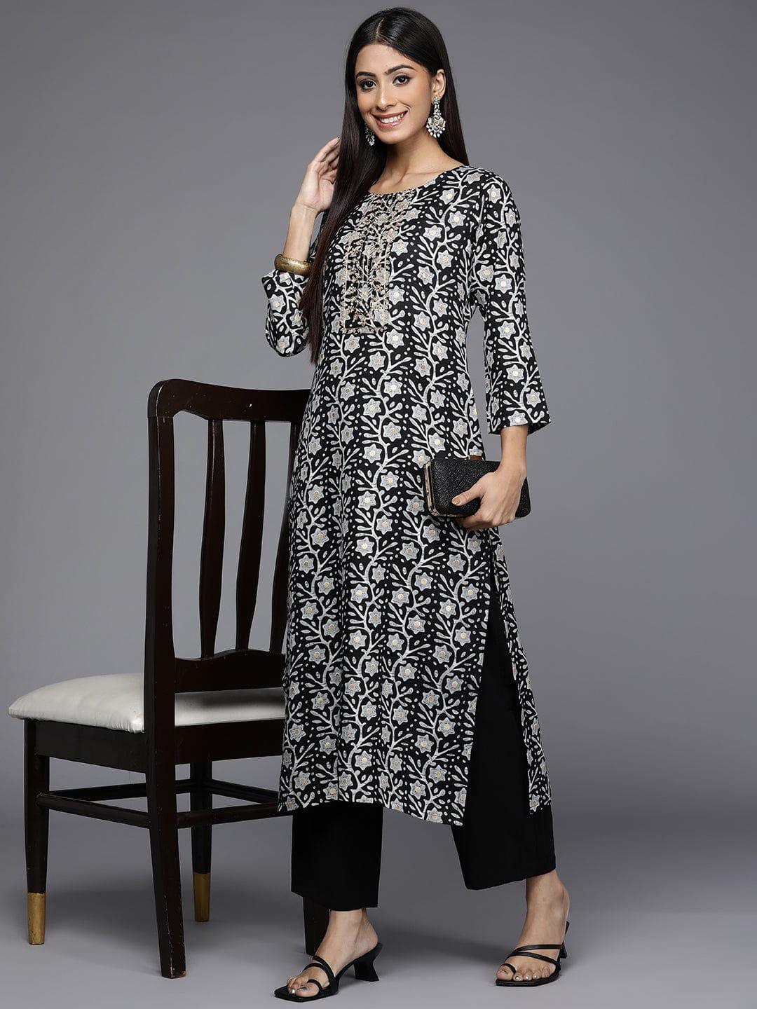 Varanga Women Black & Grey Floral Printed Zardozi Kurta - Indiakreations