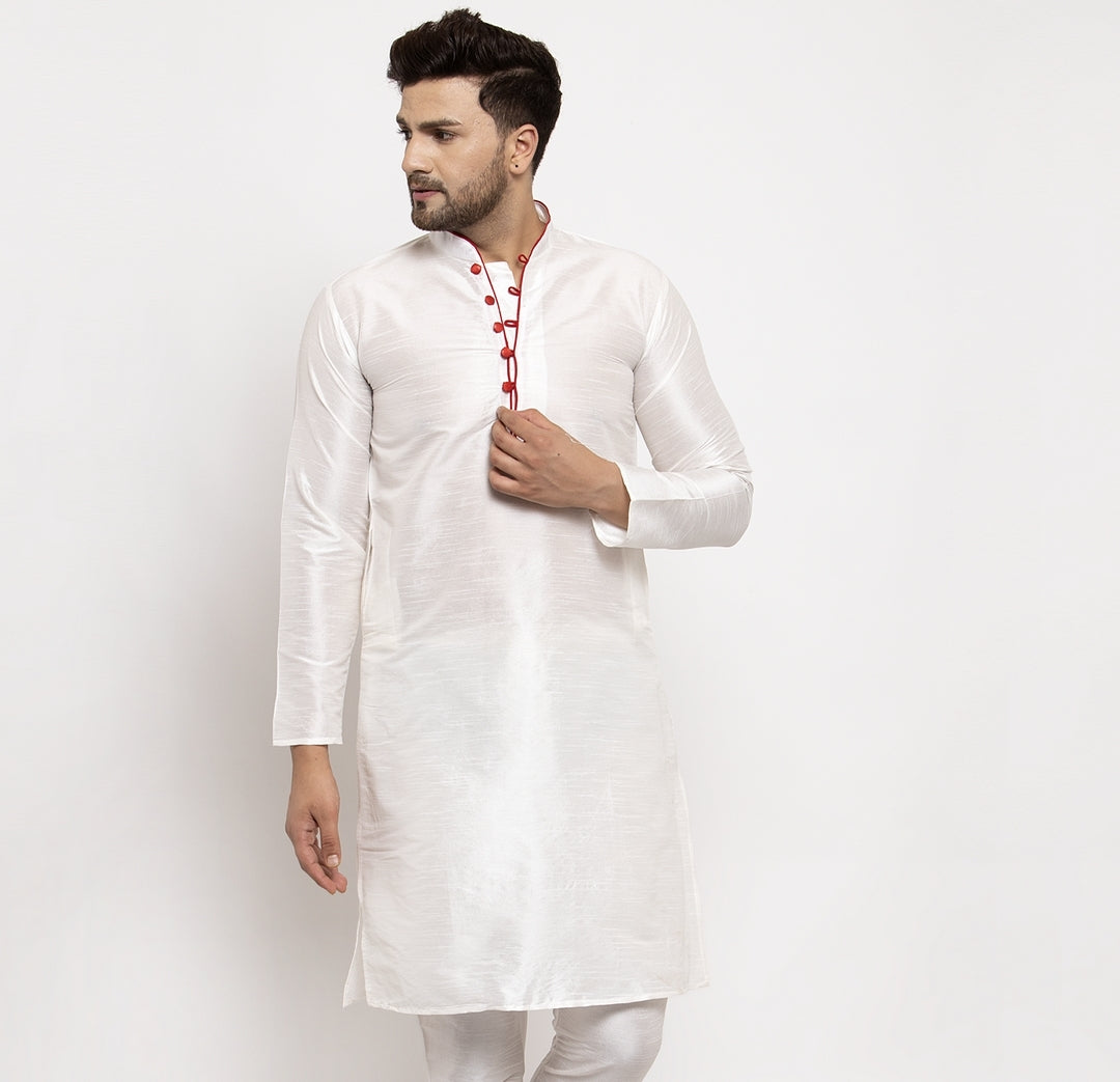 Men's Silk Blend White Straight Long Kurta - Benstoke