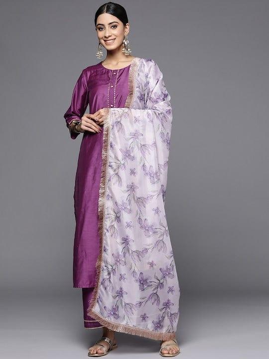 Varanga Women Purple Yoke Design Kurta with Trousers & Dupatta - Indiakreations