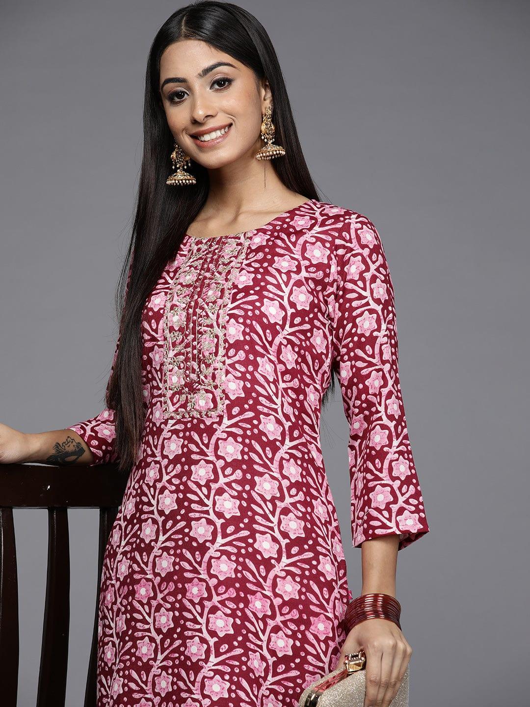 Varanga Women Maroon & Pink Floral Printed Gotta Patti Kurta - Indiakreations