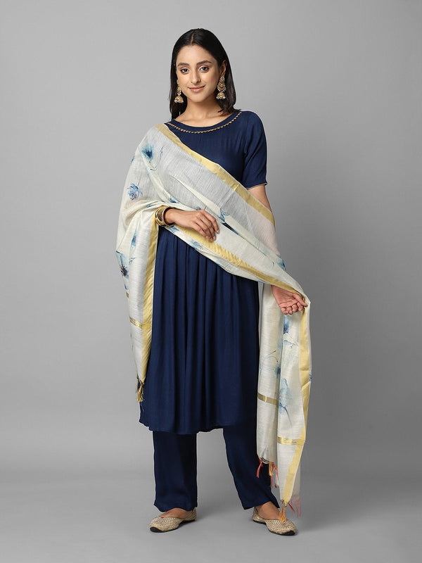 Women's Solid Petrol Blue Gathered A-Line Kurta Palazzo And Dupatta Set - Azira