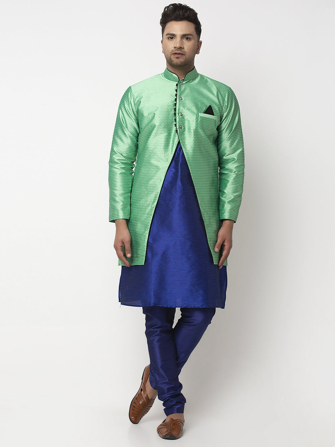 Men's Royal Blue Kurta With Pyjama & Sea Green Self Design Jacket - Benstoke