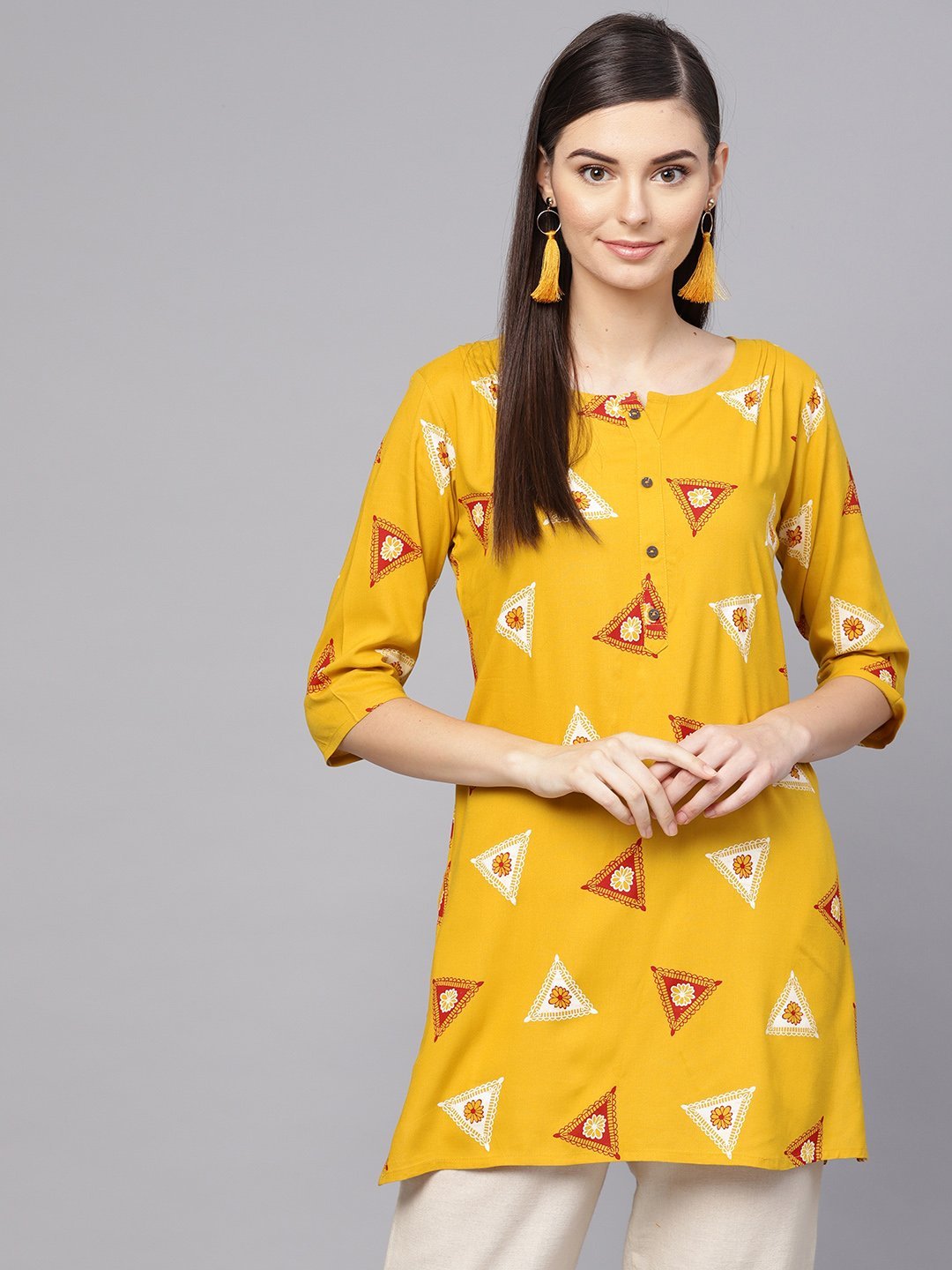 Women's Mustard Yellow & Maroon Foil Print Straight Kurti - Anubhutee