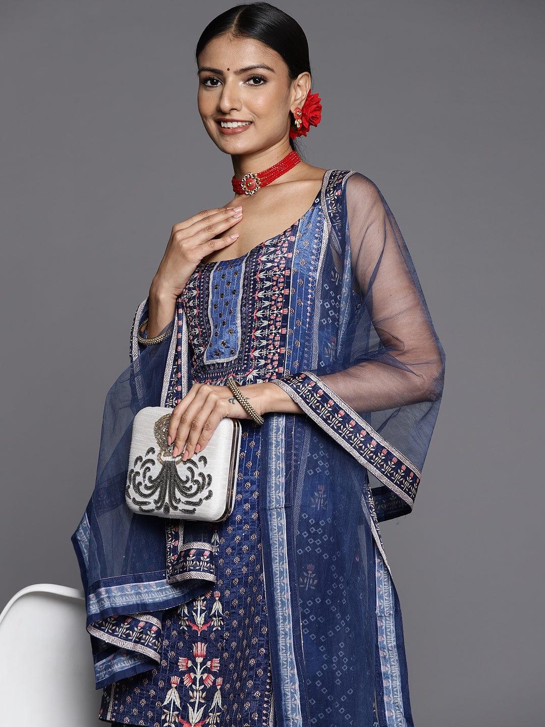 Varanga Women Navy Blue Ethnic Motifs Embroidered Sequinned Kurta with Trousers & With Dupatta - Indiakreations