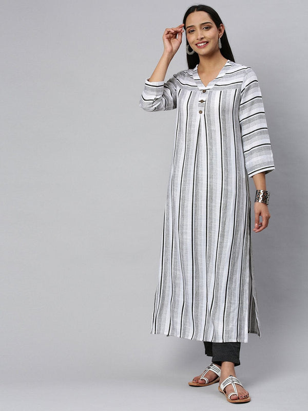 Women's KSUT White And Black Stripe Woven Kurta With 3/4Th Sleeves - Varanga