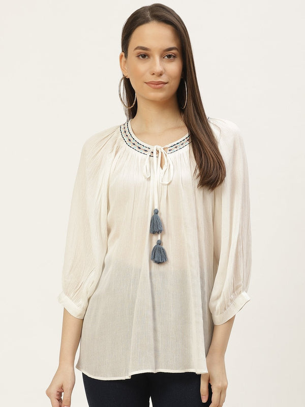 Women's White Rayon Crepe Embroided Top (1pc) - Maaesa