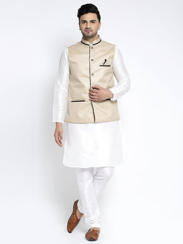 Men's Silk Blend White Kurta With Pyjama & Beige Nehru Jacket - Benstoke - Indiakreations