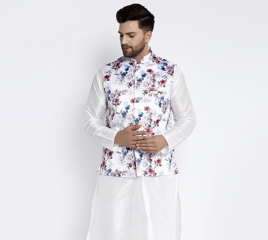 Men's White & Multi Printed Nehru Jacket - Benstoke