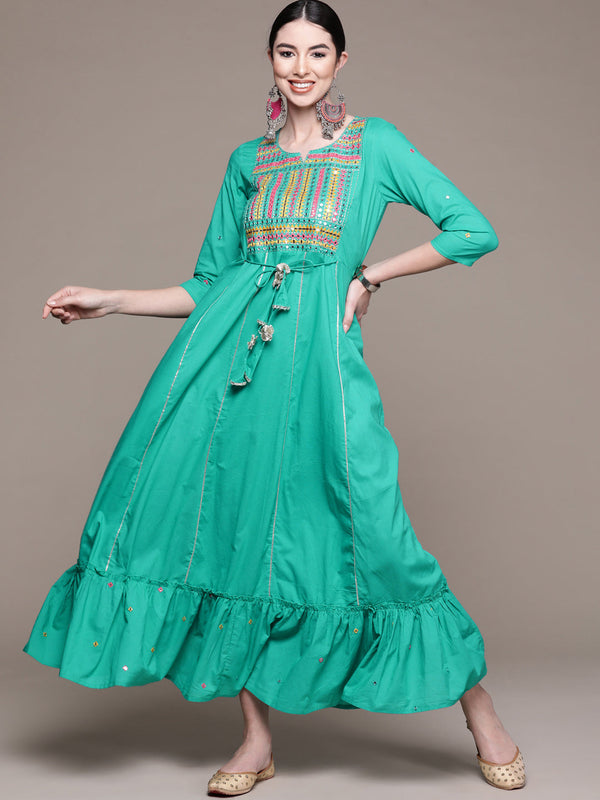 Women's Green Yoke Embroidered Ethnic Dress - Anubhutee