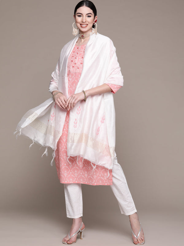 Women Pink Chikankari Kurta with Trousers & Dupatta by Anubhutee (3 Pc Set)