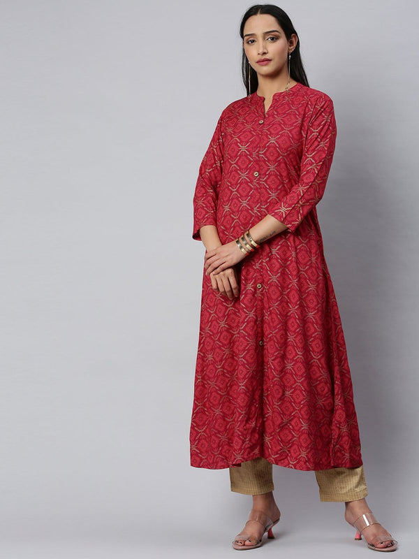 Women's KSUT Fuchsia And Gold Geometric Printed A Line Kurta With 3/4Th Sleeves - Varanga