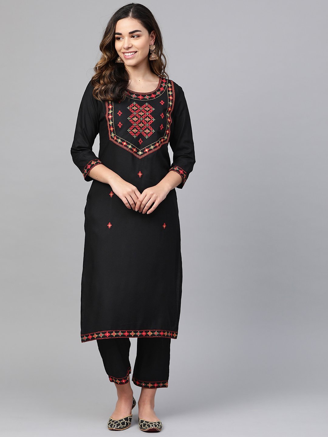 Women Black Embroidered Kurta with Trousers Set by Anubhutee (Set of 2)