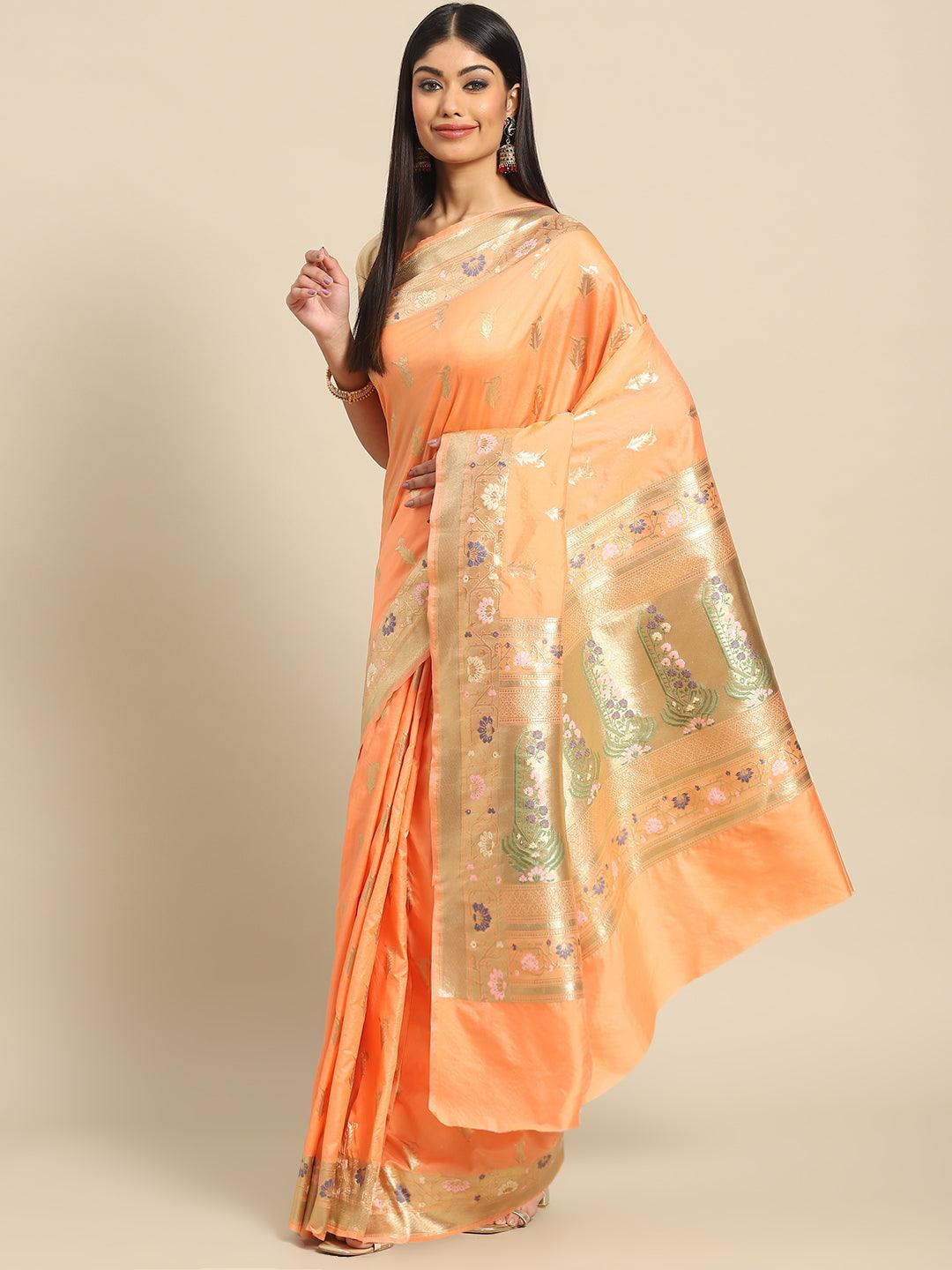 Women's Peach Floral Zari Art Silk Banarasi Saree - Varanasi - Indiakreations