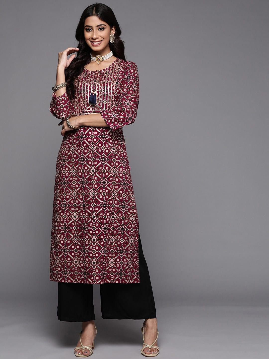 Varanga Women Maroon & Beige Ethnic Motifs Printed Indie Prints Kurta - Indiakreations