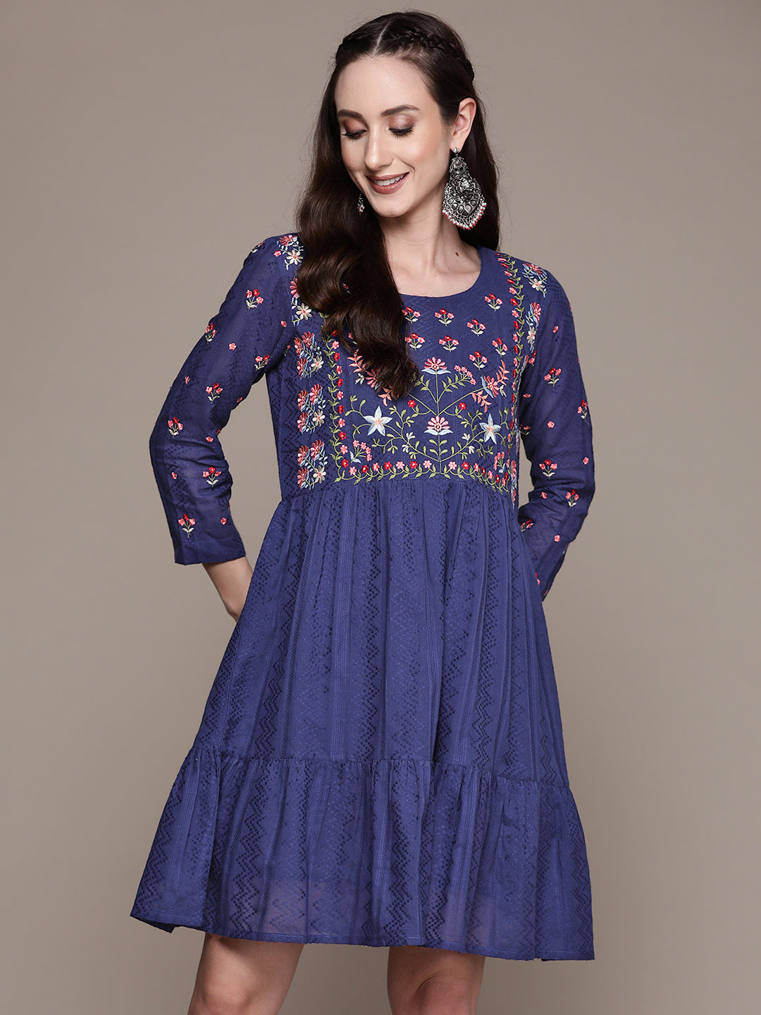 Women's Royal Blue Embroidered Flared Dress - Anubhutee