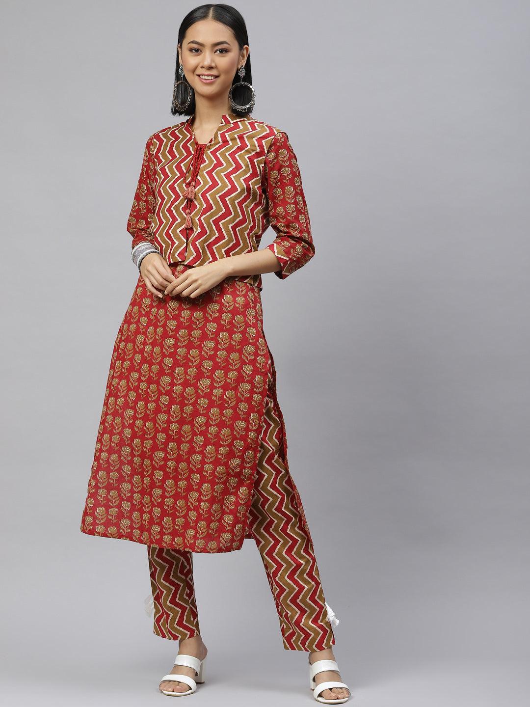 Women's Cotton Blue Printed Kurta Pant With Jacket - Noz2Toz - Indiakreations