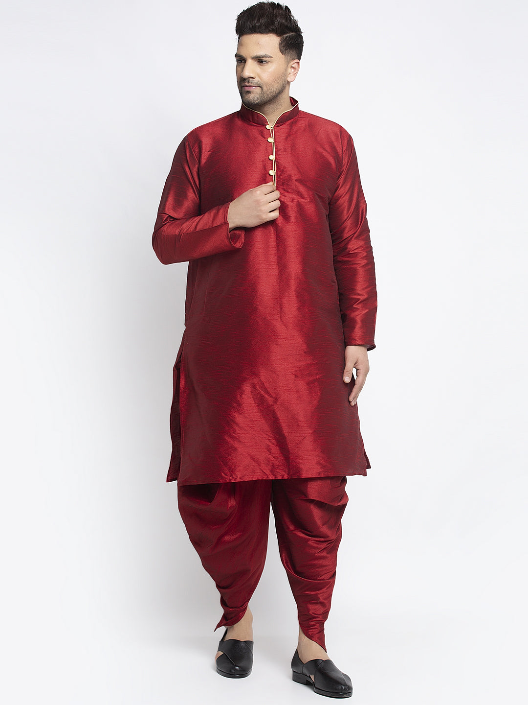 Men's Maroon Solid Kurta With Dhoti Pant - Benstoke