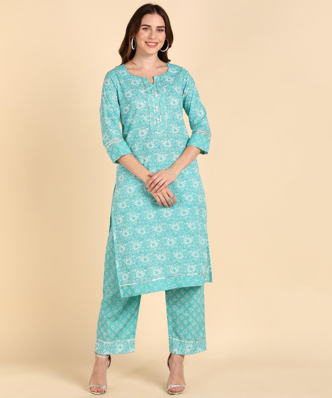 Women's Cotton Turqoise Printed Kurta With Pant - Noz2Toz - Indiakreations